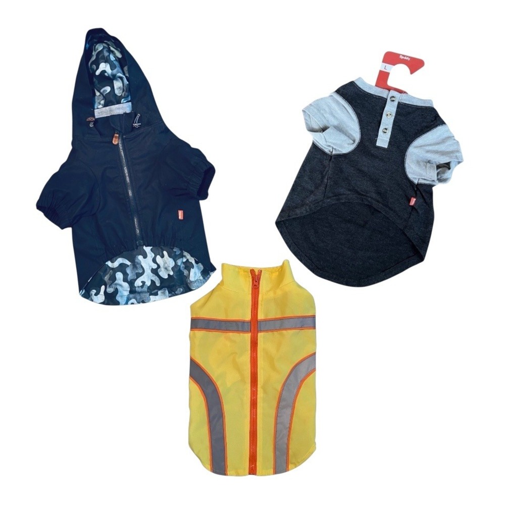Dog Clothes Lot: Hooded Coat, Jersey Shirt, & Safety Vest Bundle Dog Rain Coat